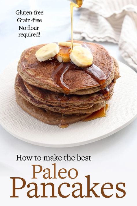 These Paleo Pancakes are light & fluffy, with NO flour or sugar! They naturally gluten-free, without needing any specialty flours. Flourless Pancakes, Sugar Free Pancakes, Grain Free Pancakes, Dairy Free Pancakes, Butter Pancakes, Paleo Pancakes, No Flour Pancakes, Gluten Free Grains, Pancakes Healthy