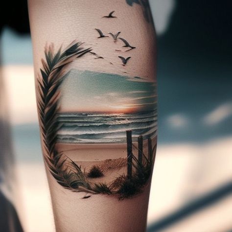 Boardwalk Tattoo Ideas, Sunset And Ocean Tattoo, Mahalo Ke Akua Tattoo, Seaglass Tattoo Ideas, Sunset Tattoos For Women Color, Ocean And Beach Tattoos, Half Sleeve Beach Tattoos For Women, Florida Beach Tattoo, Beach Tattoo Ideas Sleeve