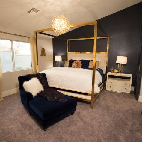 Modern Black Master Bedroom with Gold Canopy Bed | HGTV Gold Canopy Bedroom Ideas, Gold Canopy Bed, Hot Pink Bedroom Decor, Bedroom Canopy Bed, Teal And Gold Bedroom, Master Bedrrom, Emerald Green Bedrooms, Hot Pink Bedrooms, Bedroom Furniture Layout