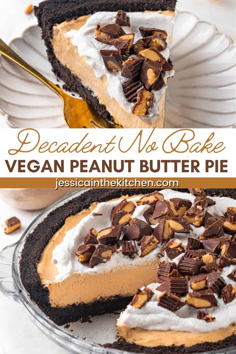 Decadent No Bake Vegan Peanut Butter Pie is delicious and impossible to resist. Peanut butter cup lovers, this one’s for you! A chocolatey Oreo crust is topped with fluffy peanut butter filling, a layer of coconut cream, and chopped peanut butter cups. Most no-bake pies are made with lots of dairy, but this one is completely plant-based and still oh-so-delicious and creamy. Vegan No Bake Pie, Vegan Peanut Butter Pie, Vegan Pies, Vegan Pies Recipes, Vegetarian Pie, Easy Puddings, Vegan Casserole, Peanut Butter Oreo, Plant Based Desserts