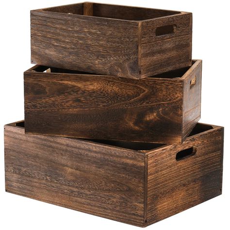 PRICES MAY VARY. Set of 3 Wooden Crates: Package includes a value pack of 3 wooden crates. Outside measurements: Large: 15.75"L*11.8"W*6.25"H; Medium: 13.75"L*9.8"W*5.5"H; Small: 11.75"L*7.8W"*4.6"H. Three varied sizes offer multiple choices for holding different types of items. Sturdy Construction: Our wooden storage crates are made of premium quality natural wood, sturdy but lightweight, the inner side four corners of each box are thickened with one wooden strips to avoid cracking, can give yo Wood Bin, Storage Crates, Wooden Storage Crates, Wooden Container, Wooden Basket, Wood Basket, Crate Storage, Wood Crates, Wooden Crates