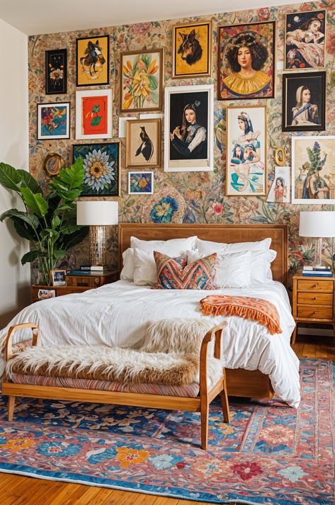 Cozy Eclectic Bedroom, Van Aesthetic, Eclectic Bedrooms, Eclectic Design Style, Green Headboard, Austin House, Eclectic House, Eclectic Bedroom, Eclectic Living Room