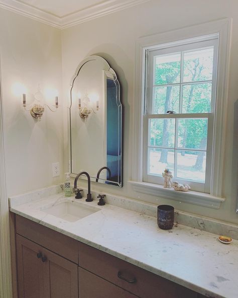 Shop the look TODAY @ #MLS through the links below! Bathroom With Window Over Vanity, Bathroom Vanity Window, Mirror Near Window, Sconces Mirror, Spanish Bathroom, Master Addition, Work Folders, Add A Bathroom, House Flip