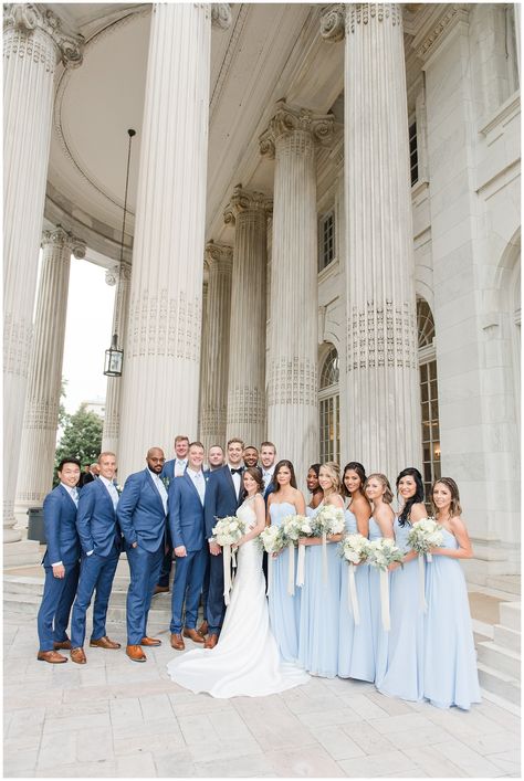 Dust Blue Wedding Theme, Light Blue And Gold Bridesmaid Dresses, Sky Blue Bridesmaids Navy Groomsmen, Light Blue Bridesmaid With Groomsmen, Bridesmaid Sky Blue Dresses, Dusty Blue Bridesmaid Dresses And Tan Suits, Satin Blue Wedding Theme, Light Blue Groom Suit Bridesmaid Dresses, Navy Suit Light Blue Bridesmaids