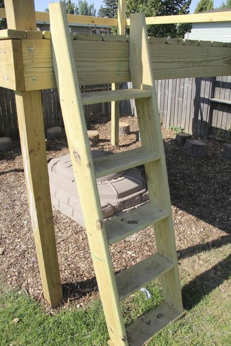 #1- We put a piece across the bottom so that the ladder didn’t sink into the mud  #2- We extended the ladder beyond the top of the platform to create hand holds for climbing the ladder.  I appreciated that we used deck boards because they are smoother and have less slivers than regular boards. They are also rounded making the ladder look nicer than one made out of regular boards. Diy Climbing Net, Treehouse Ladder, Garden Ladder Ideas, Makeover Aesthetic, Playset Diy, Play Platform, Outdoor Forts, House Ladder, Ladder Planter