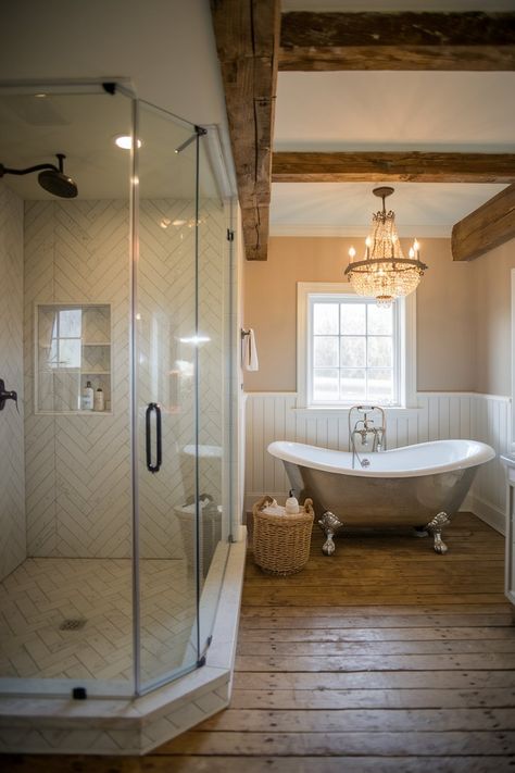 14 Farmhouse Bathroom Ideas to Inspire Your Next Remodel - My Decor Inspo Master Bath Entrance, Mobile Home Bathroom Renovations, Home Inspiration Bathroom, Old Farmhouse Bathroom Remodel, Farmhouse Wet Room Bathroom, Double Entry Shower Walk In, Country Shower Ideas, Big Showers Walk In, Farmhouse Cottage Bathroom