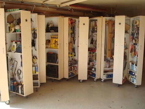 Vertical storage on wheels for garage Farmhouse Pantry Cabinets, Garage Wall Cabinets, Garage Organize, Overhead Storage, Storage Tips, Storage Racks, Garage Shelving, Garage Shop, Garage Storage Cabinets