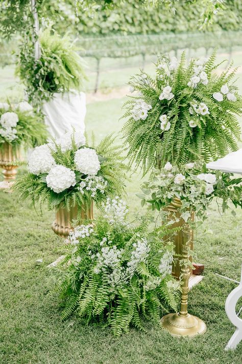 Wedding Bouquets Centerpieces, Fern Ground Arch, Fern Wedding Alter, Greenery Wedding Altar, Potted Plant Ceremony Decor, Wedding Decor With Ferns, Ferns At Wedding Ceremony, Ferns And Mums Wedding Decor, Fern Ceremony Decor