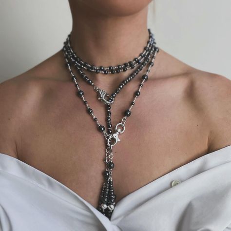 Sotoir “hematite” Transformer necklace to choker or tie necklace Price: $80 Black Bohemian, Blue Pendant Necklace, Natural Pearl Necklace, Necklace Gothic, Hematite Necklace, Tie Necklace, Necklace Layered, Long Silver Necklace, Boho Choker