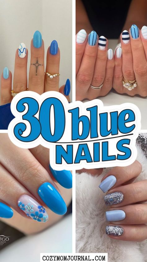 Collage showcasing diverse blue nail designs, including patterns and glitter. Silver And Blue Nail Ideas, Blue Acrylic Short Nails, Lite Blue Nails, Royal Caribbean Cruise Nail Designs, Gray And Blue Nails, Simple Beachy Nails, Cruise Ship Nails, Wave Nails Design, Blue Gel Nail Designs