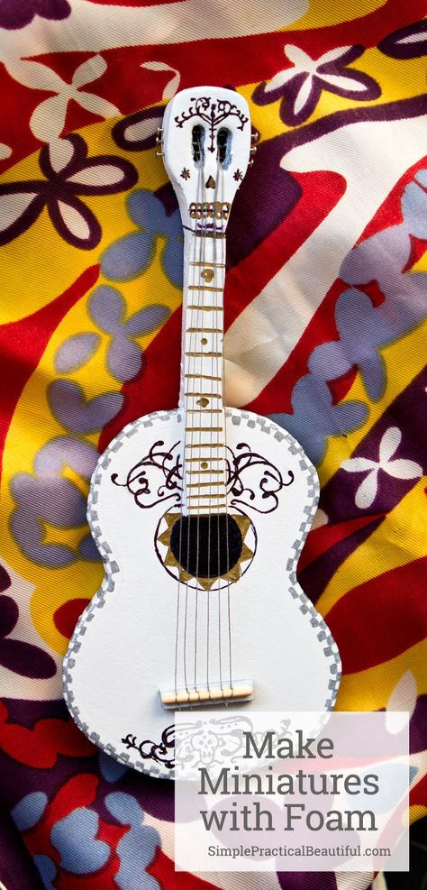 Just watched Disney Pixar’s Coco and fell in love with the music? Recreate the magic at home by making your own mini Ernesto’s guitar out of foam. A fun and simple DIY project that will bring life to your music. Perfect as a keychain, doll accessory or a beautiful display piece. Coco Guitar, Make Miniatures, Dia De Los Muertos Decorations Ideas, Guitar Diy, Pretty Crafts, Diy Website, Classic Guitar, Crafty Creations, Crafting Materials