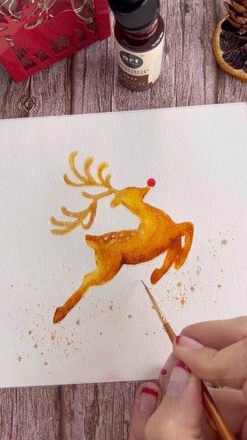 Watercolor Deer Painting Easy, Easy Reindeer Drawing, Painting Reindeer, Reindeer Watercolor, Reindeer Drawing, Flying Reindeer, Art Adventure, Deer Painting, Christmas Poems