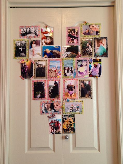 Door Photo Collage, Picture Heart Wall, Heart Picture Collage, Heart Picture Frame, Heart Collage, Door Picture, Future Room, Closet Door, Random Ideas