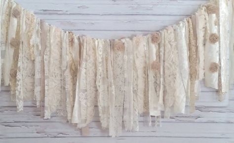 Rag Tie Banner, Shabby Chic Garland, Rag Tie Garland, Rag Banner, Lace Garland, Bridal Shower Photo Prop, Rag Garland, Party Girlande, Rustic Party