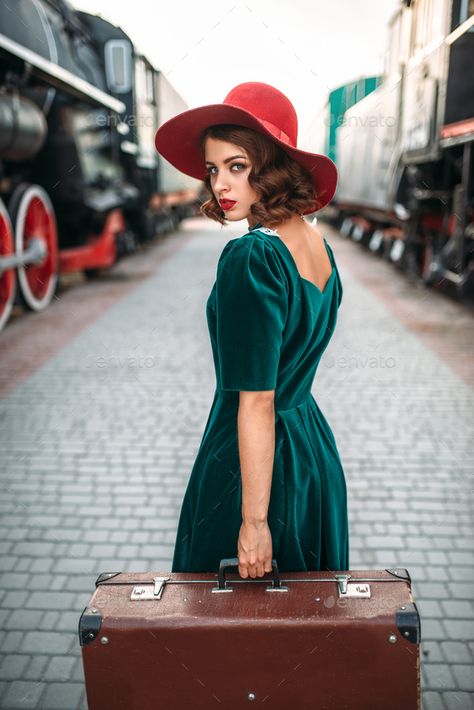 Young old-fashioned woman travels on retro train by NomadSoul1. Young old-fashioned woman travels on retro train. Old locomotive. Railway platform, railroad journey #Sponsored #travels, #retro, #train, #Young City Fashion Photography, Retro Photoshoot, Everything Is Beautiful, Vintage Photoshoot, Retro Photography, Train Photography, Orient Express, Vintage Train, Positive Mind