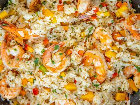 Shrimp Coconut Rice with Mango Recipe - Fit Men Cook Shrimp Mango Rice Bowl, Coconut Rice With Shrimp, Shrimp Coconut Rice, Shrimp And Mango Recipes, Fit Men Cook Recipes, Meal Prep Seafood, Hawaiian Bowls, Coconut Mango Rice, Mango Dishes