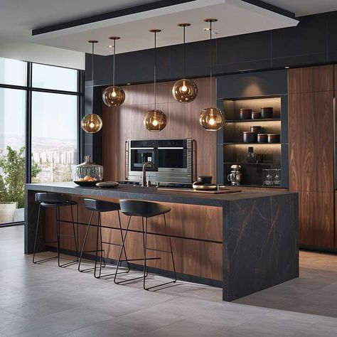 15+ Innovative Layouts and Decor Ideas for Contemporary Kitchen Design • 333+ Images • [ArtFacade] Black Countertops With Wood Cabinets, Modern Brown Kitchen, Kitchens 2024, Dark Kitchen Countertops, Modern Walnut Kitchen, Dark Wood Kitchen, Modern Kitchen Trends, Kitchen Cabinet Interior, Cabinet Interior