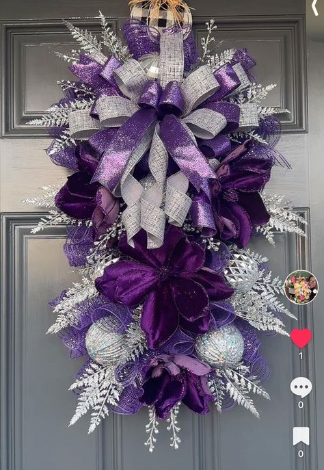 Wreaths & Bows : Inspiration and Ideas by Wreath & Bow Co | Beautiful Purple Christmas Wreath that I designed | Facebook Purple Door Wreath, Christmas Wreath Purple, White Mesh Wreath, Purple Wreaths, 2024 Purple, Purple Flower Wreath, Purple Christmas Wreath, Kitchen Purple, Christmas Theme Ideas