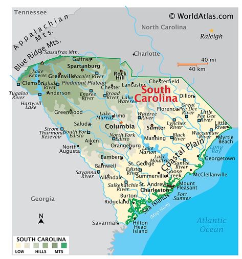 South Carolina Maps & Facts - World Atlas America Outline, Midway Islands, Carolina Do Norte, Lake Keowee, Physical Map, North America Map, Coastal Plain, Coast Style, County Map