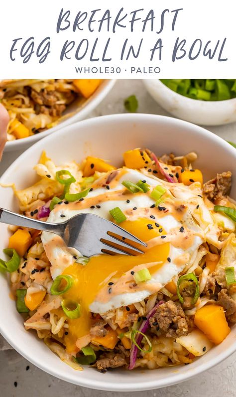 A breakfast version of the beloved egg roll in a bowl, made with breakfast sausage, sweet mango, and all topped with a delicious fried egg! Whole30 and paleo, this egg roll in a bowl update might be even better than the original, and is a great healthy meal prep option for busy mornings. Egg Roll Breakfast, Asian Breakfast Bowl, Whole30 Breakfast Bowl, Whole 30 Breakfast Bowl, Egg Bowls Breakfast Healthy, Macro Breakfast Ideas, Whole 30 Recipes Breakfast, Whole 30 Breakfast Recipes, Make Ahead Breakfast Bowls