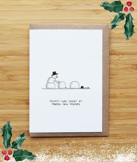 Caption: Frosty was great at making new friends. ~ Original Watercolour and Ink Card/Print by RossJDesigns Add this card to a Christmas multipack: https://www.etsy.com/uk/listing/547982184/christmas-card-multipack - Shipping from Edinburgh, UK - Original watercolour design reprinted on 100% recycled white smooth 300gsm card (FSC approved) OR 100% biodegradable seeded paper (embedded with a mix of wildflower seeds). Cards are handmade, folded and printed by the RossJDesigns team. - Size A6 Card ( Pen And Wash Christmas Cards, Handrawn Christmas Cards, Nordic Christmas Cards, Cards Drawing, Sustainable Projects, Winter Karten, Seeded Paper, Edinburgh Uk, Christmas Letters