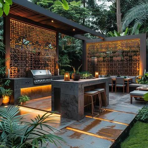 12 Chic Metal BBQ Area Ideas for Modern Outdoor Spaces • 333+ Inspiring Lifestyle Ideas Bbq Areas Outdoor Patio, Concrete Grill Station, Lanai Designs Outdoor Spaces, Modern Bbq Area Outdoor, Modern Bbq Area, Outdoor Kitchen Layout Ideas, Bbq Area Ideas Outdoor, Bbq Area Ideas, Lanai Design