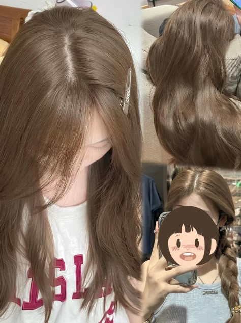 Light Honey Tea Brown Hair Color, Tan Asian Hair Color Ideas, Choco Hair Color, Milktea Hair Colour, Bubble Tea Hair Color, Milktea Brown Hair Color, Highlights Korean, Blone Hair, Blowout Curls