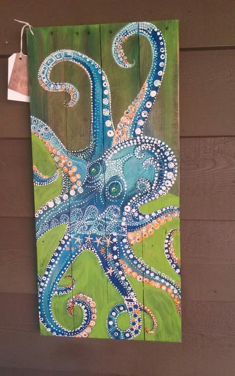 Dot Art Painting Octopus, Mixed Media Octopus, Octopus Artwork, Octopus Painting, Fish Artwork, Cottage Crafts, Mermaid Painting, Octopus Art, Nautical Art