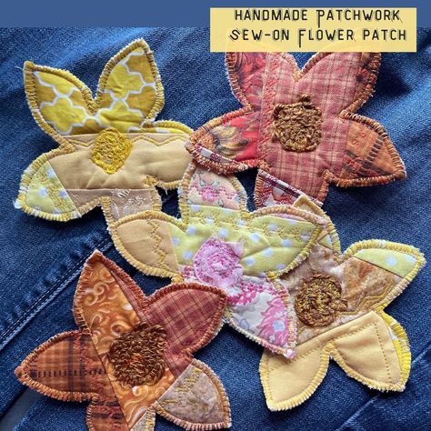 1970s Inspired Handmade Patchwork Flower Patches: Our 1970s inspired boho flower patch can be stitched onto jeans, a jacket, a tote, or add it to a pillow! It can also be put into a frame for your bohemian art decor! Place on a blank card for a small gift, or use in your own DIY craft project. Another great idea; add a tree hook to the back of the flower patch, and you've got yourself a boho flower patchwork Christmas tree ornament to gift or hang on your tree! I both machine and hand sewed fabric scrap remnants (that would normally be thrown out) and repurposed 100% wool fabrics together to form one-of-a-kind unique patches.  ♥ Flower Patches Measures about 4.5" Petal point to petal point ♥ Ready to Ship Today! ♥ Made by me in my sewing and art studio with love!   SEE ALL OF OUR HANDMADE Patchwork Clothes Scrap Fabric, Patches For Jeans, Bohemian Crafts, Boho Crafts, Handmade Patch, Fabric Patchwork, Flower Collage, Diy Boho, Hippie Flowers