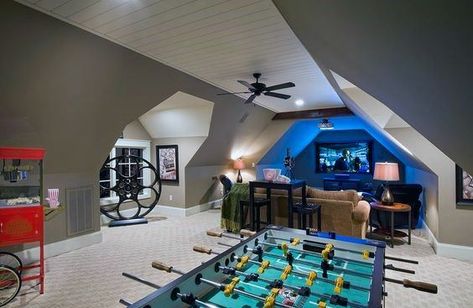 Attic Game Room, Bonus Room Decorating, Bonus Room Bedroom, Bonus Room Design, Room Above Garage, Bonus Room Ideas, Theater Room Design, Hangout Room, Attic Ideas