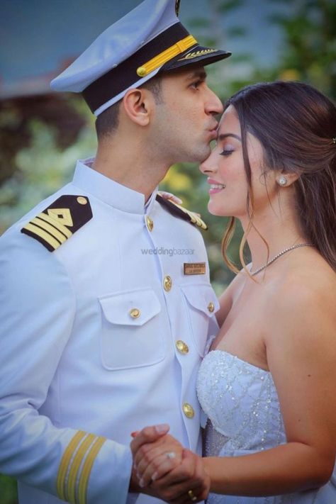 Military Couple Photography, Navy Couple, Krishna Mukherjee, Army Couple Pictures, Marine Wedding, Navy Uniform, Army Couple, Navy Uniforms, Pre Wedding Poses