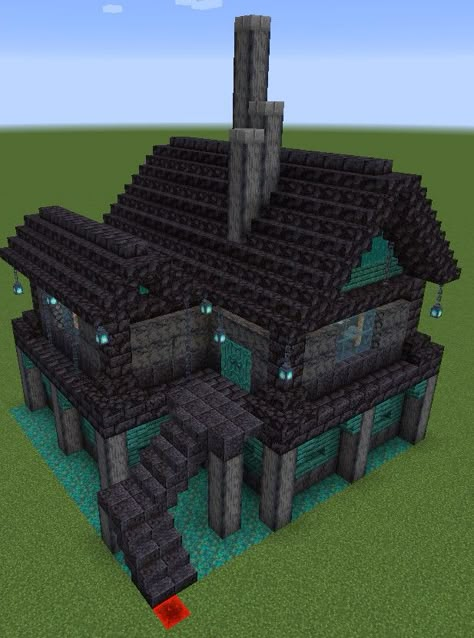 Minecraft Houses Spooky, Grave Yard Minecraft, Minecraft Gravestone Ideas, Skull Nether Portal, Emo Minecraft Builds, Deep Slate House Minecraft, Minecraft Deep Slate Build, Dark Minecraft House, Nether House Minecraft