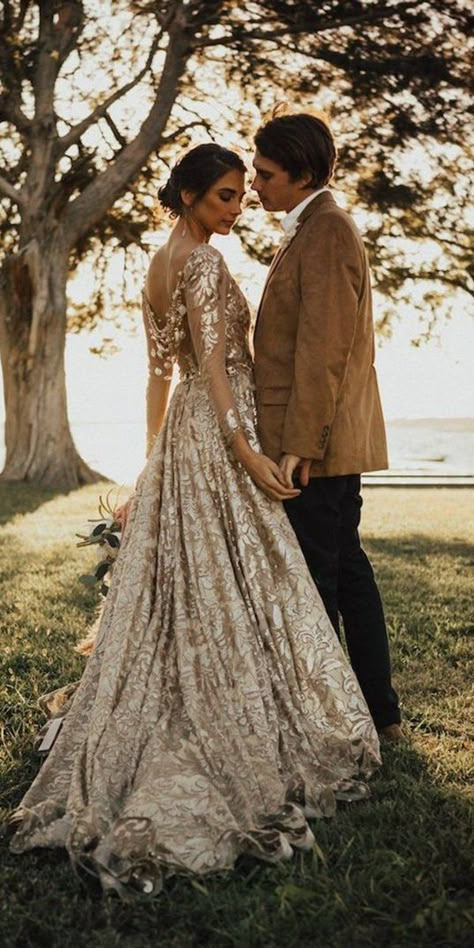 18 Gold Wedding Gowns For Bride Who Wants To Shine ❤  gold wedding gowns a line with long sleeves sequins white fondly forever #weddingforward #wedding #bride Champagne Gold Wedding Dress, Wedding Gowns For Bride, Gowns For Bride, Champagne Gold Wedding, Anna Campbell Bridal, Champagne Wedding Dress, Wedding Gown A Line, Gold Wedding Gowns, How To Dress For A Wedding