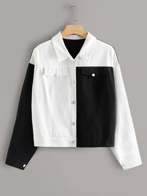 Two Tone, Denim Jacket, Button Up, Plus Size, Black And White, Free Shipping, White, Black