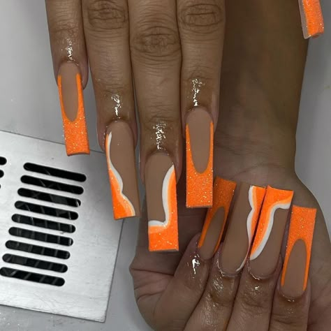 Long Orange Acrylic Nails, Orange Acrylic Nails Designs, Matte Long Nails, Orange Nails Design, Orange Toes, Orange Acrylic Nails, Tapered Square Nails, Acrylic Toe Nails, Long Acrylic Nail Designs