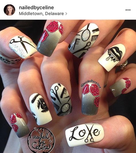 Cosmetology Nails Designs, Cosmetology Tattoo Ideas, Hair Stylist Nails, Cosmetology Nails, Badass Nails, Barber Tattoo, Mickey Nails, Nail Glam, Mommy Tattoos