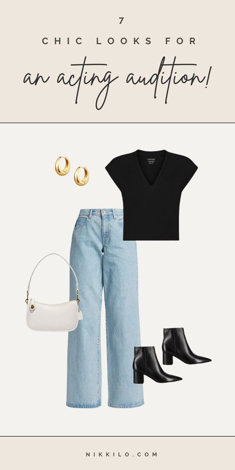 acting audition outfits White Tank Jeans, Flashy Outfits, Plain Black Top, Audition Outfit, Plain White Top, Actress Career, Actress Life, Casual Sporty Outfits, Acting Auditions