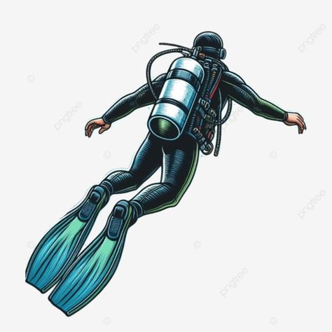 scuba diving illustration diver with underwater equipment Scuba Diving Illustration, Scuba Diver Art, Diving Illustration, Deep Sea Diver Art, Underwater Diver, Diver Art, Deep Sea Diver, Scuba Dive, T Shirt Png