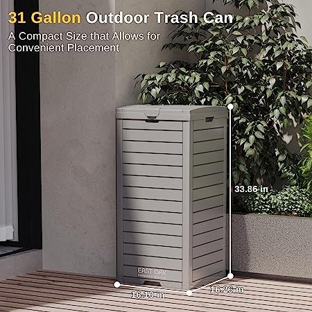 EAST OAK 31 Gallon Outdoor Trash Can, Waterproof Resin Garbage Can with Tiered Lid and Drip Tray, Outside Trash Bin for Patio, Backyard, Deck, Grey Outdoor Garbage Can, Kitchen Backyard, Outdoor Trash Cans, Bathroom Trash Can, Yard Waste, Patio Backyard, Kitchen Trash Cans, Plastic Planters, Indoor Outdoor Planter