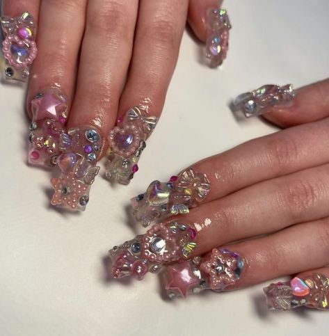 Junk Nails Aesthetic, Nails With Lots Of Charms, Chunky Nails, Harajuku Nails, Gyaru Nails, Tape Nail Art, Junk Nails, Simple Acrylic Nails, Cute Acrylic Nail Designs