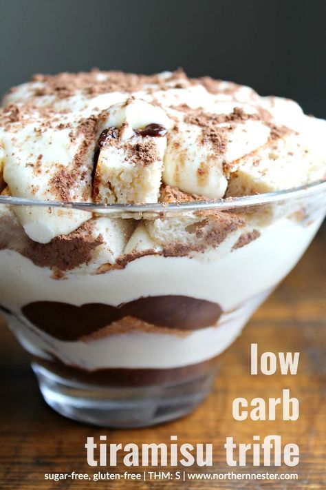 This decadent, low-carb, tiramisu trifle is the perfect dessert to serve a large, coffee-loving crowd! A Trim Healthy Mama S. Best made the day before. Keto Trifle, Low Carb Tiramisu, Tiramisu Trifle, Thm Snacks, Thm Sweets, Trim Healthy Mama Dessert, Keto Treats, Low Carb Low Fat Recipes, Thm Desserts