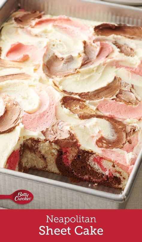 Marble cake gets an upgrade with this sweet sheet cake swirled with Neapolitan flavors. Frosting swirls of chocolate, vanilla and strawberry make this pretty cake stunning from top to bottom! Pretty Cake, Baking Cocoa, Sheet Cake Recipes, Studded Ankle Boots, Marble Cake, Cake Mix Recipes, Sheet Cake, Food Cakes, Pretty Cakes