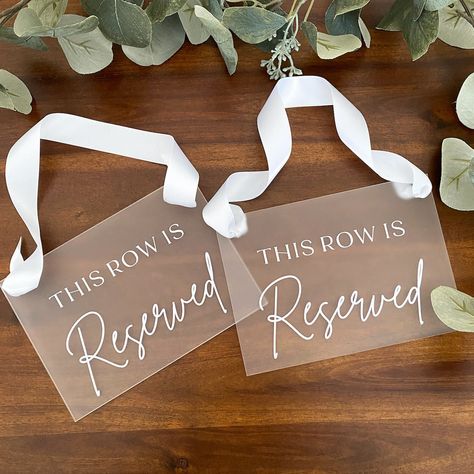 Our elegant and practical reserved row sign was designed specifically with your wedding ceremony in mind! Our beautifully crafted sign adds a touch of sophistication and functionality to your wedding ceremony. Choose from 5x7, 8x10" rectangular or 8x12" scalloped acrylic signs - large enough to be noticed by your guests to alert them that this row is reserved without being overwhelming! Our signs can easily be placed on any chair or row, providing clear indication to your guests that these seats Wedding Reserved Seating Signs, Reserved Seating Wedding, Outside Wedding Ceremonies, Reserved Wedding Signs, Reserved Table Signs, Sign For Wedding, Wedding Chalkboard Signs, Reserved Seating, Wedding Ceremony Signs