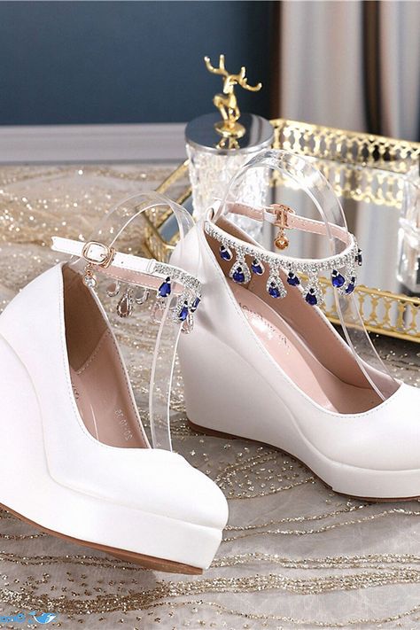 Those wedding wedges are a must-have for brides. If you’re into elegance with comfort, these bridal wedges are just right. Add those to your bridal footwear board. Bridal Heels & Wedges, Bride Shoes Wedding Heels & Wedges, Blue Bridal Shoes Heels & Wedges, Elegant White Wedge Sandals With 4-inch Heel, Crystal-embellished Wedge Heels For Formal Occasions, Bridal Wedges, Wedding Wedges, Comfy Flats, Bridal Shoes