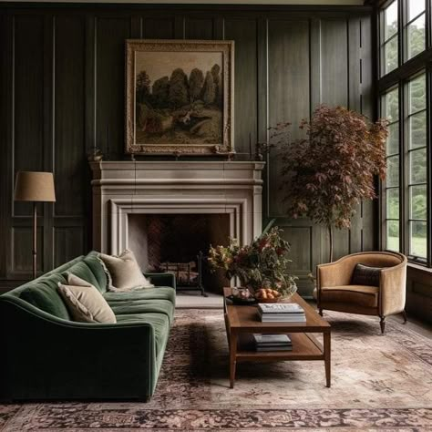 Dark Moody Living Room Cozy, Moody European Living Room, Moody Cottage Living Room, Moody Eclectic Living Room, Moody Family Room, Moody Neutral Living Room, Moody Green Living Room, Salons Cottage, Moody Living Room