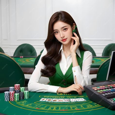 Premium Photo | A woman sits at a poker table with a phone in her hand Casino Girl, Casino Art, Casino Table, Girl With Headphones, Pose Reference Photo, Real Girls, Poker Table, Premium Photo, Pose Reference