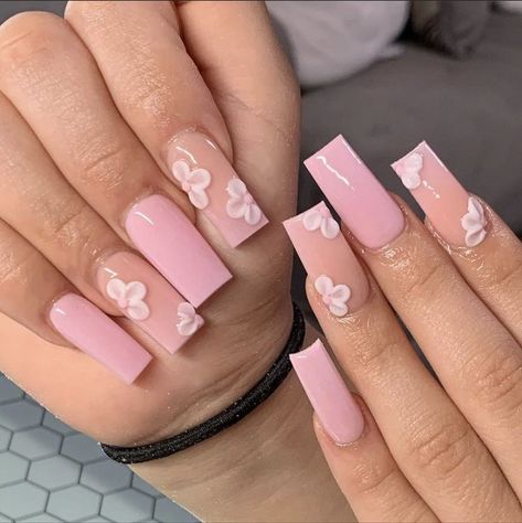 Square Acrylic Nails Flower Design, Medium Size Nails Acrylic Pink, 3s Flower Nails, 3d Flower Nails Medium Length, 3rd Flower Acrylic Nails, Easter Acrylics, 3 D Flower Nails, Nails With Acrylic Flowers, Floral Acrylics