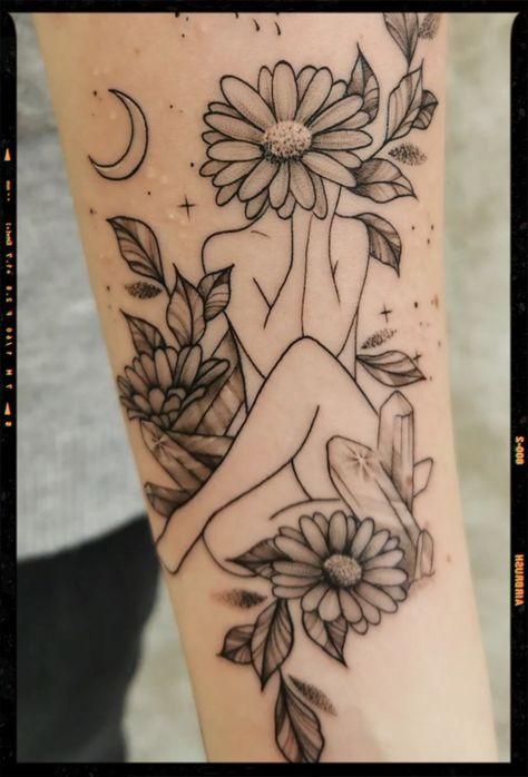 Woman Holding Earth Tattoo, Flowers Coming Out Of Head Tattoo, Mental Health Tatoos Design, Selflove Tattoo Ideas, Flower Head Tattoo, Tatoos Design, Mental Health Tatoos, Geometric Flower Tattoo, Halo Tattoo