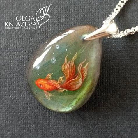 Painted Gemstones, Unicorn Garden, Hand Painted Pendant, Hand Painted Necklace, Gemstone Art, Painted Jewelry, Rock Jewelry, Hand Painted Jewelry, Gold Fish