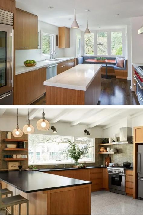 2 U-Shape Kitchen Designs Compared Each with Pendant Lights and Large Windows Kitchen Set With Window, Kitchen U Shape, U Shaped Kitchen With Peninsula, U Shape Kitchen, Small U Shaped Kitchen, Kitchen With Peninsula, Farm Dream, Loft Ceiling, Architectural Design Studio